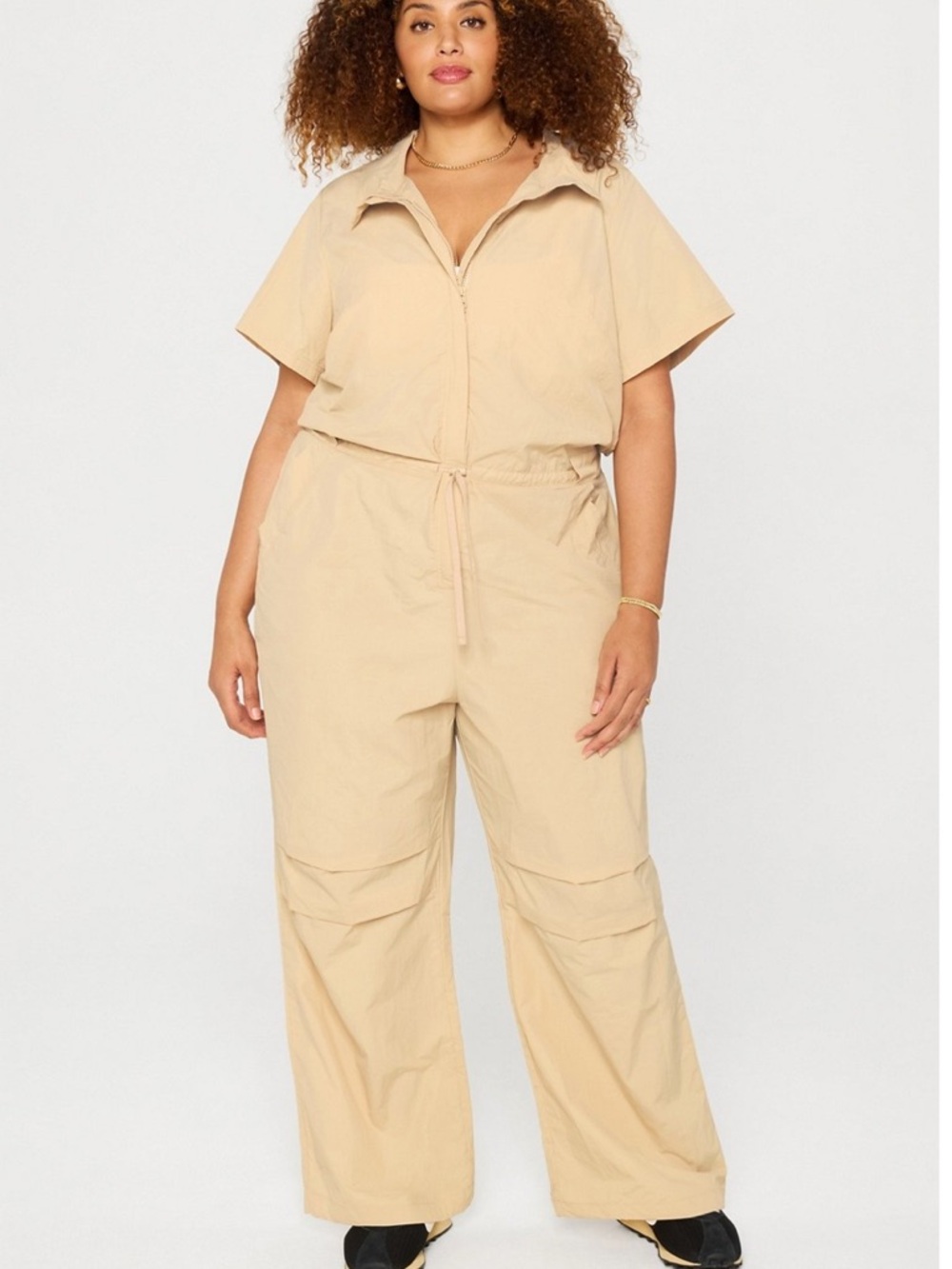 Fabletics Beige Short-Sleeve Utility Jumpsuit